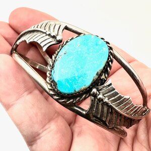 Vintage Native American Hallmarked H Turquoise Bracelet Sterling Silver Cuff